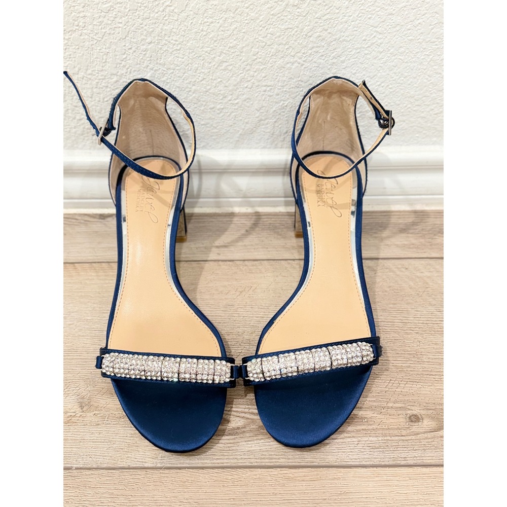 Jewel Badgley Mischka Blue Rhinestone Satin Open Toe Block Heel Sandals 8